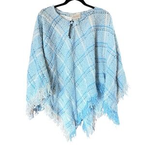 Boyne Valley Weavers Poncho Sz OS Plus Shawl Cloak Cape Wool Alpaca Plaid Blue